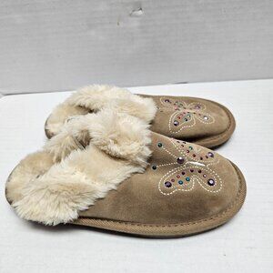 New Girls Kids LAU Slippers Slide Slip On Faux Fur Tan Butterfly Rhinestones 4